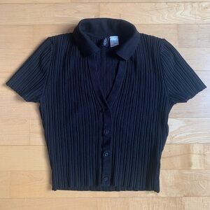 Black Ribbed Button Down Crop Top